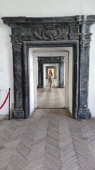 woman in the arch of the door of the great hall of the ancient palace. old castle Podgortsy, Lviv region, Ukraine.