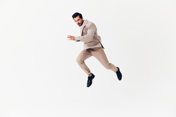 man beige businessman winner smiling business victory happy running suit isolated