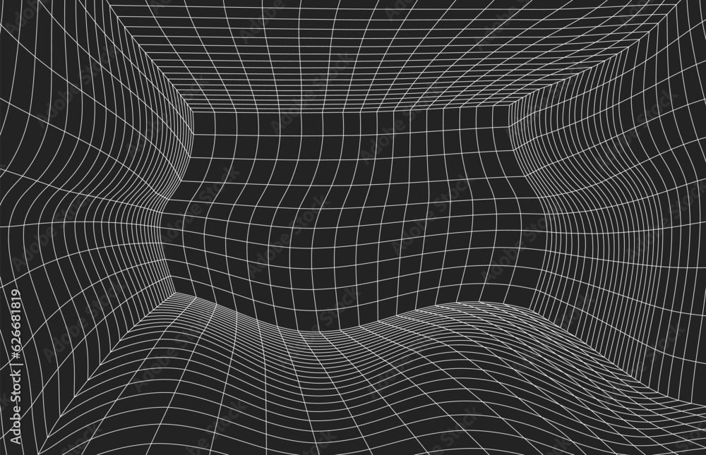 Poster black wireframe room. empty perspective box. futuristic digital grid cube. cyberspace with mesh in v