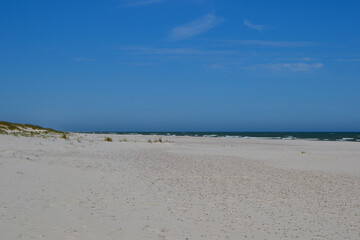 Baltic Sea coast and wild beach next to moving dunes in the Slovincian National Park also known as Slowinski National Park. Leba, Poland 