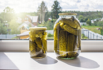two glass jars of pickled cucumbers stand on the windowsill overlooking the village and trees on a summer day and copy space.  the concept of harvesting for the winter and fermented products