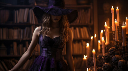 Adult woman dresses up as a witch and poses in a library decorated with pumpkins and candles for Halloween.