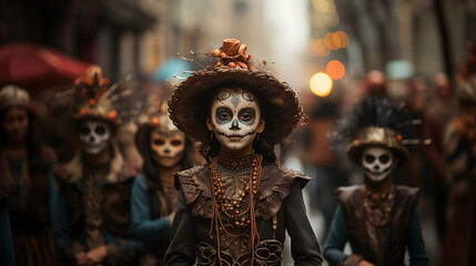 Una niña maquillada y disfrazada para celebrar el dia de los muertos en mexico. - obrazy, fototapety, plakaty