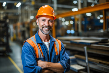 Portrait of a happy proud factory worker wearing hard hat and work clothes standing besides the production line - obrazy, fototapety, plakaty