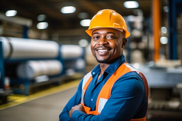 Portrait of a happy African American factory worker wearing hard hat and work clothes standing besides the production line