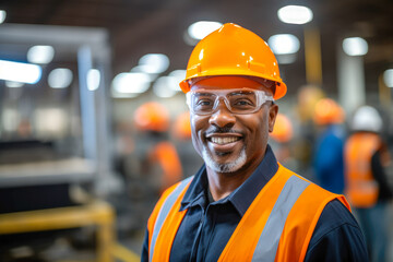 Portrait of a happy African American factory worker wearing hard hat and work clothes standing besides the production line