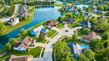 House with pool in cul-de-sac neighborhood with pond and fountain summer day