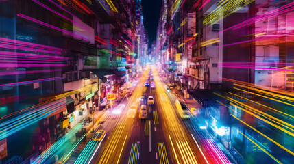 Obraz premium a colorful view of street lights and buildings in asian city - Generative AI