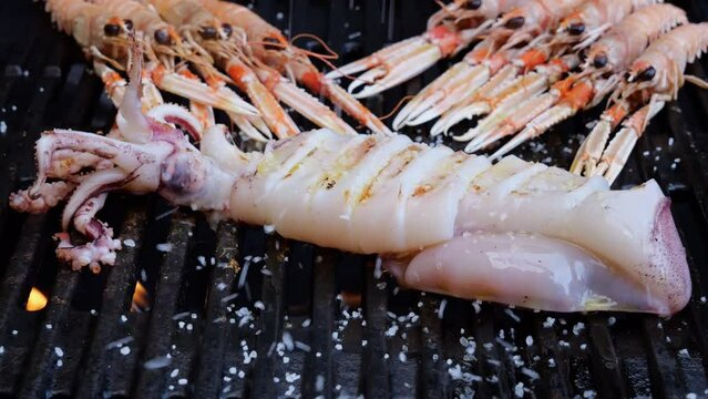 Cooking Scampi (Nephrops Norvegicus) Langoustines and squid on grill. Close up. Falling Spices