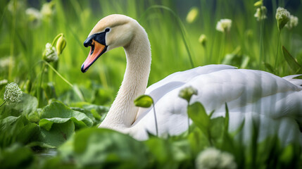 Obraz premium A vibrant image of a swan elegantly poised in a lush, green meadow, exuding a sense of natural beauty Generative AI