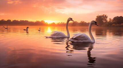 A picturesque tableau of swans gliding on a tranquil river, accompanied by the soft colors of a pastel sunset Generative AI