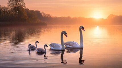 A picturesque tableau of swans gliding on a tranquil river, accompanied by the soft colors of a pastel sunset Generative AI