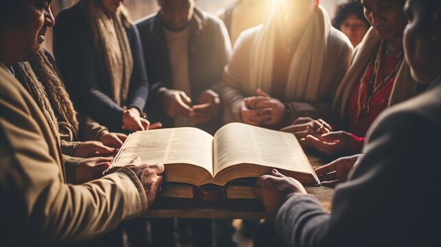 Christian family hand praying bible together , AI generated image