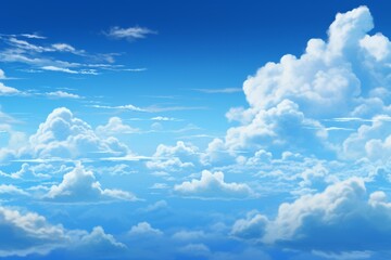 Dreamy sky with fluffy clouds and birds flying, Generative AI