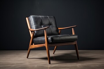 Century modern wood chair and black leather seating 