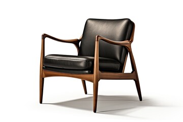Century modern wood chair and black leather seating 