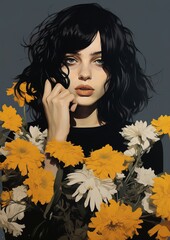 Fototapeta premium Floral orange color illustration painting generate by AI pretty girl