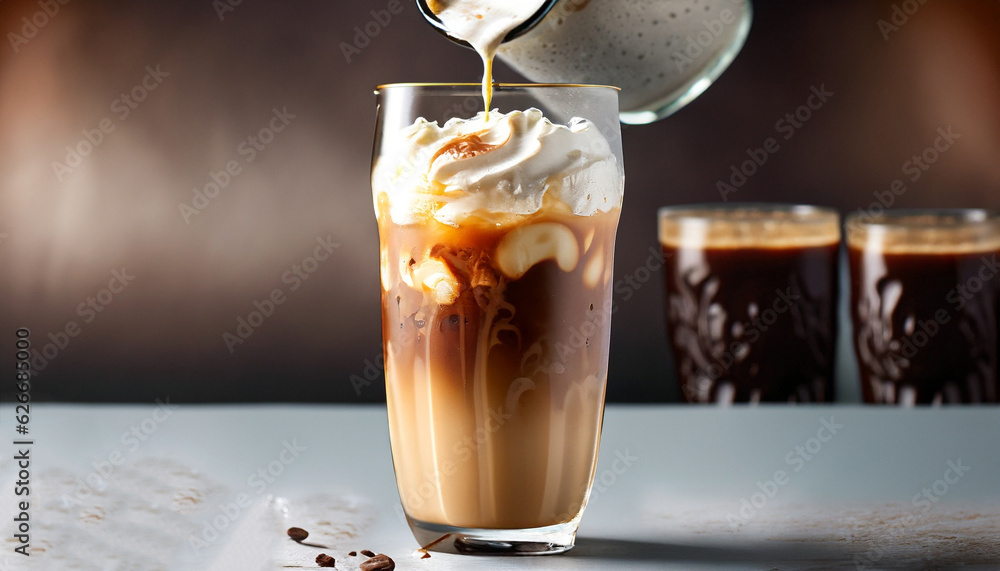 Wall mural iced coffee in a tall glass with cream poured over