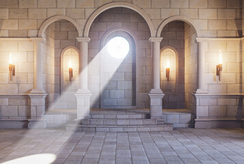 Cinematic style ancient luxury hall Made of stone decorated with torches and arches. There is a circle shape window with a sunbeam sent inside the 3D render illustration.