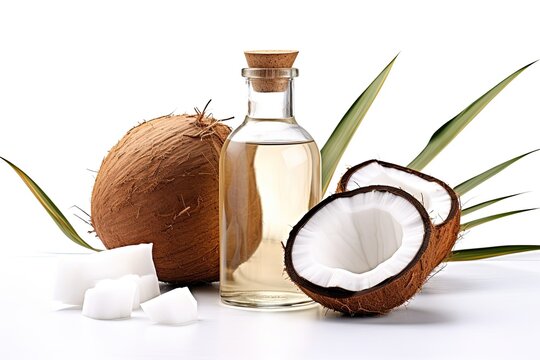 Mct oil bottle, open coconuts, white background