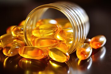 Omega - 3 capsules arranged in a glass jar