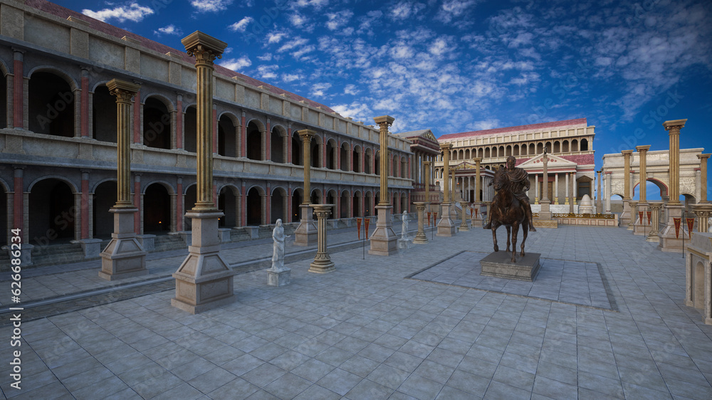 Aufkleber Ancient Roman forum buildings with columns and statue. 3D rendering.