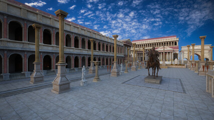 Obraz premium Ancient Roman forum buildings with columns and statue. 3D rendering.