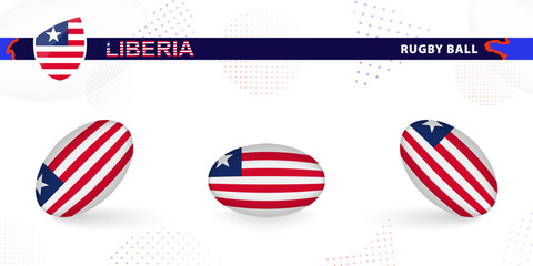 Rugby ball set with the flag of Liberia in various angles on abstract background.