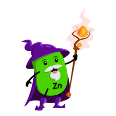 Cartoon happy zinc and zincum mineral micronutrient mage character. Isolated vector Zn wizard warlock nutrient capsule personage wear witch hat, cape holding staff. Funny food supplement wiz bubble