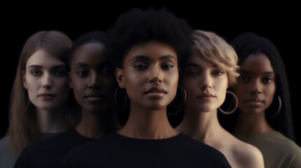 The real beauty exists in every corner of the world and is presented by women of all races Group portrait of five beautiful ladies in black tops and with different skin and hair colour Generated Ai