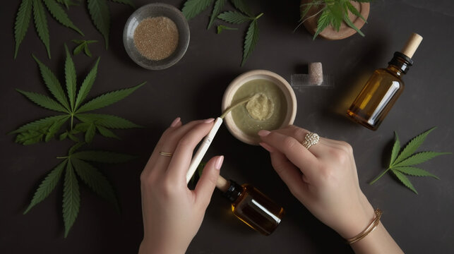 Pipette with CBD cosmetic oil in female hands on a table background with cosmetics, cream with cannabis and hemp leaves, marijuana generated Ai