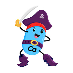 Cartoon vitamin and Ca micronutrient pirate or corsair character. Healthy nutrition mineral tablet, vitamin pill or micronutrient capsule filibuster cheerful vector personage fencing with cutlass