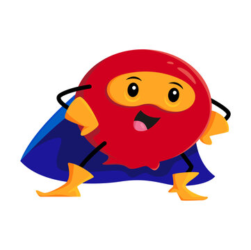 Cartoon cranberry superhero defender character in cape. Vector funny berry in cloak and mask stand with arms akimbo. Powerful super hero vitamin fruit, brave plant, fairytale healthy food personage