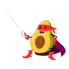 Cartoon avocado super hero vegetable character fencing with rapier. Isolated vector superhero comics book veggies personage in cape and mask ready for fighting with sword. Funny healthy vitamin food