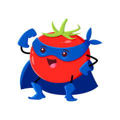 Cartoon tomato vegetable super hero character. Isolated vector fresh juicy veggies with super power. Funny vitamin plant superhero personage in cloak and mask with strong arms. Fairytale healthy food