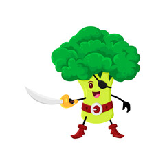 Cartoon broccoli vegetable pirate and corsair character. Vector happy buccaneer veggies with saber. Isolated smiling freebooter or picaroon personage wear eye patch ready for fight or fence with sabre