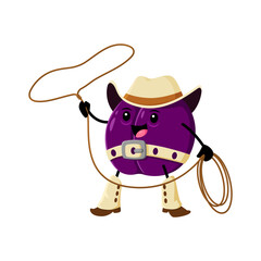 Cartoon plum fruit cowboy, sheriff, ranger and bandit character wear hat and boots, spinning rope lasso. Vector playful whimsical vitamin product, healthy eating or children book cowpuncher personage