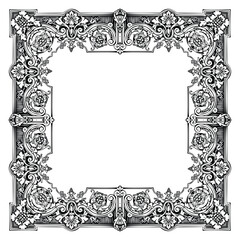 Illustration of floral frame with ornaments in black and white