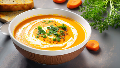 Curried carrot soup with cream and fresh herbs