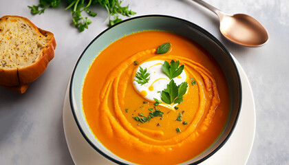 Curried carrot soup with cream and fresh herbs