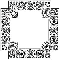 Illustration of floral frame with swirls on white.