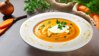 Curried carrot soup with cream and fresh herbs