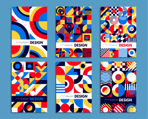 Abstract geometric patterns, bauhaus posters of vector circles, squares, triangles and wavy line shapes. Retro graphic elements and creative forms of bauhaus banners and presentation flyers set