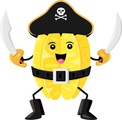 Cartoon carambola or star fruit pirate and corsair character with swords. Isolated vector tropical fruit personage wear hat with two swords in hands exuding sense of adventure, danger, and playfulness