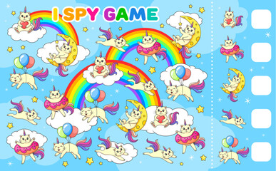 Obraz premium I spy game, cartoon cute caticorn cats and kittens on rainbow. Vector worksheet of unicorn cats characters puzzle quiz. Find and count funny caticorn personages with balloons, donut floatie and moon
