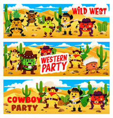 cartoon western cowboy, sheriff and robber fruits characters on Wild West. Western party vector horizontal banners with pineapple, kiwi, guava, mango and apple, banana cowboy cute personages in desert