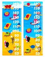 Kids height chart ruler. Cartoon berry characters on summer beach. Child height and growth vector meter with cherry, raspberry, gooseberry and blueberry, grapes funny personages surfing and sunbathing