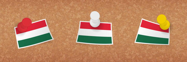 Hungary flag pinned in cork board, three versions of Hungary flag.