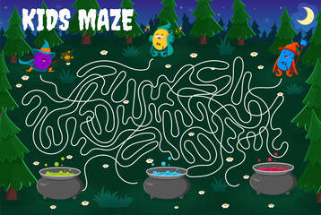 Labyrinth maze game. Help to cartoon mineral and micronutrient wizards find a magic potion. Kids vector boardgame with P, Fe Mg supplement capsule warlocks searching pots on Halloween tangled path