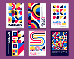 Abstract geometric patterns, bauhaus posters. Modern graphic shapes vector backgrounds set with color circles, squares and lines, dots and crosses. Creative bauhaus banners and presentation brochures